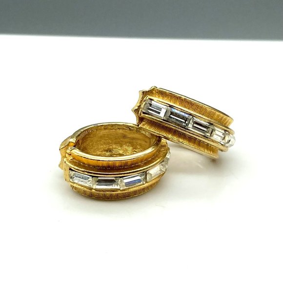 Glamorous Vintage Huggie Hoop Earrings, Unique Channel Set Baguette Crystals - Picture 2 of 6